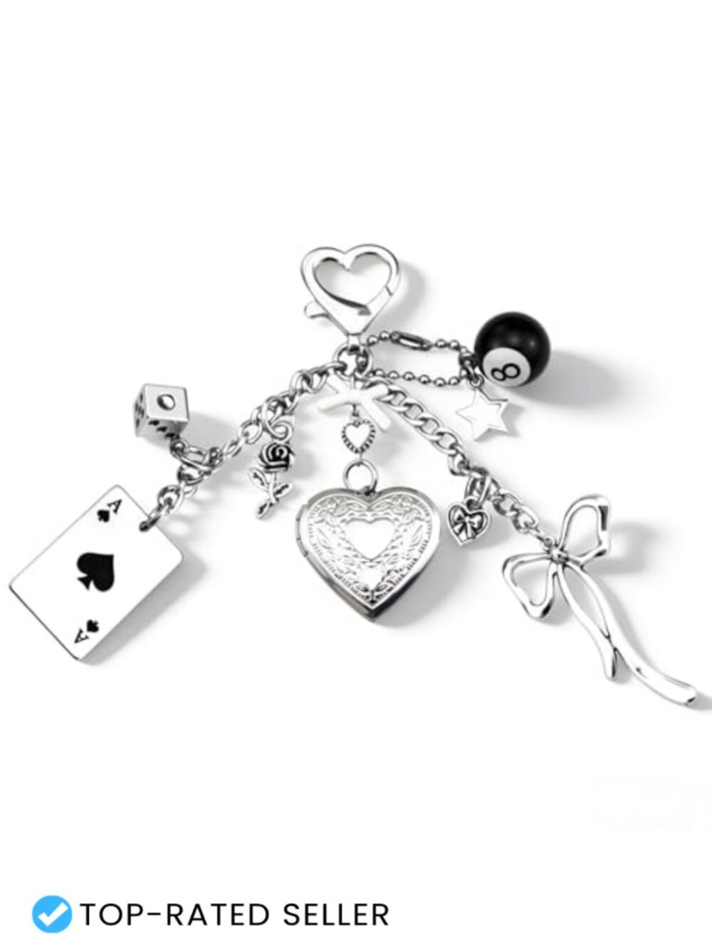 Stainless Steel Y2K Heart Locket Keychain 8 Ball Bag Charm Cute Purse Charm